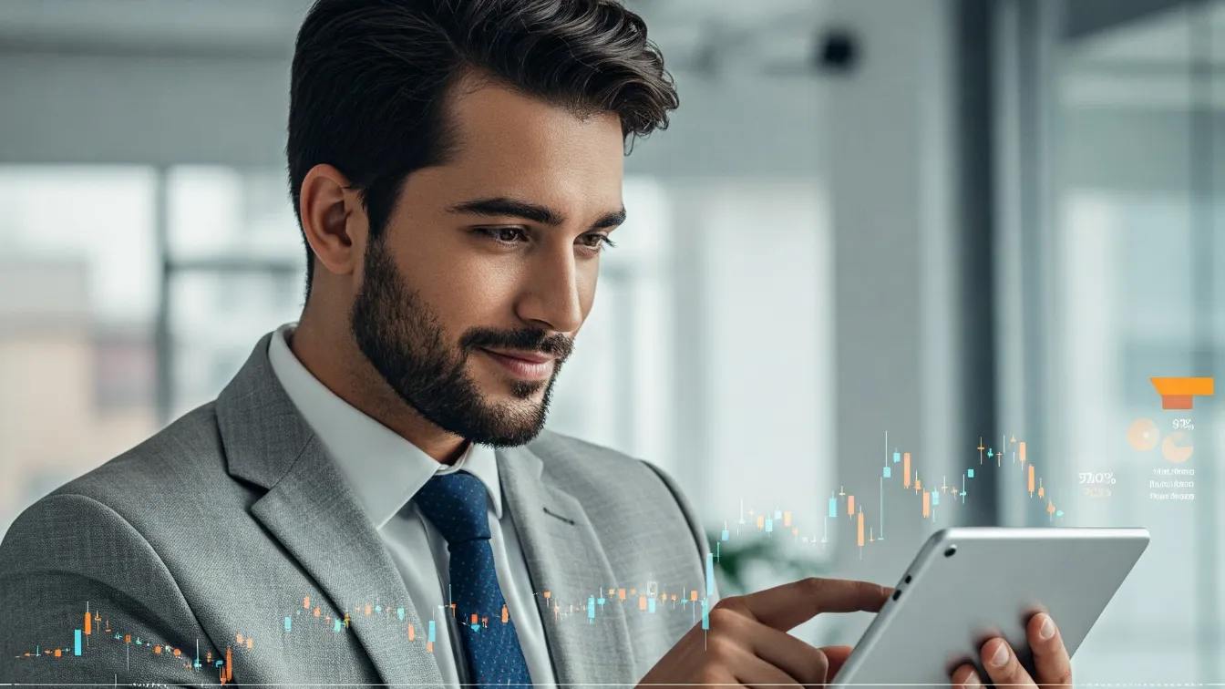 Man in suit analyzing stock market data on a tablet