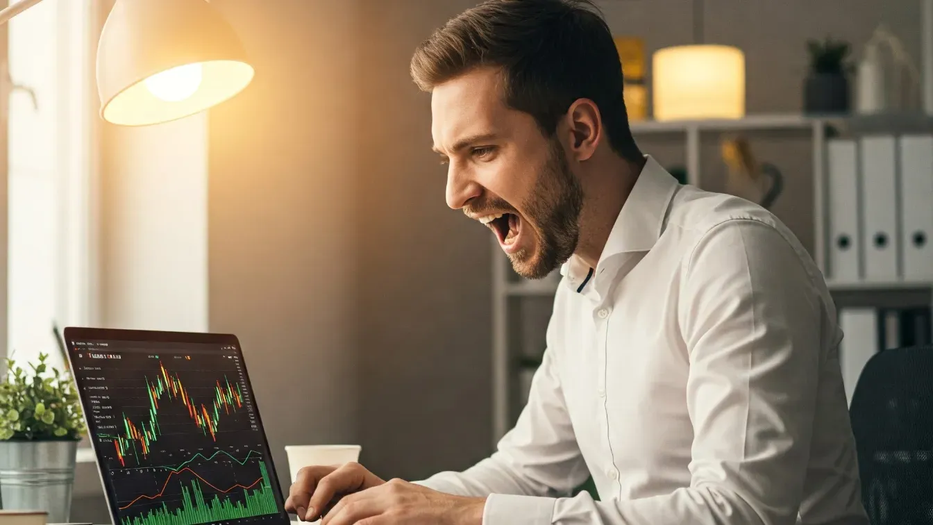 Man looking at laptop screen with stock market graphs and reacting with excitement